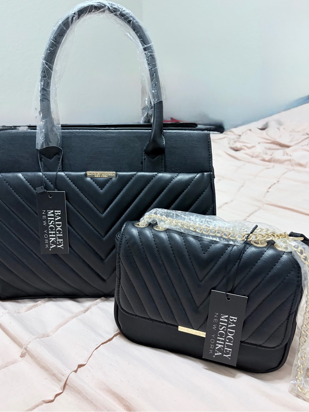 Badgley Mischka Valerie Black Quilted Tote and Chain-Shoulder Crossbody Set